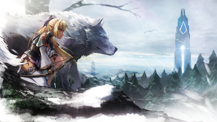 1girl absurdres ark_survival_evolved arrow bangs blonde_hair bow bow_(weapon) dark_skin elf fingerless_gloves forest gloves hair_bow highres hololive kneeling long_hair namako_(namacotan) nature one_knee outdoors pointy_ears profile red_eyes shiranui_flare single_thighhigh solo thigh-highs virtual_youtuber weapon white_legwear