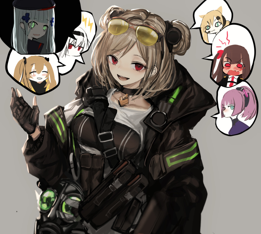 6+girls @_@ animal_ears bangs black_coat black_gloves blush breasts carcano_m91/38_(girls_frontline) choker closed_eyes coat double_bun eyebrows_visible_through_hair eyewear_on_head gas_mask girls_frontline gloves grey_background highres hk416_(girls_frontline) idw_(girls_frontline) long_hair long_sleeves mask multiple_girls naruwe one_side_up open_clothes open_mouth p90_(girls_frontline) partly_fingerless_gloves ponytail pouch red_eyes short_hair simple_background snap-fit_buckle sunglasses tactical_clothes thunder_(girls_frontline) tinted_eyewear twintails ump9_(girls_frontline) wa2000_(girls_frontline)