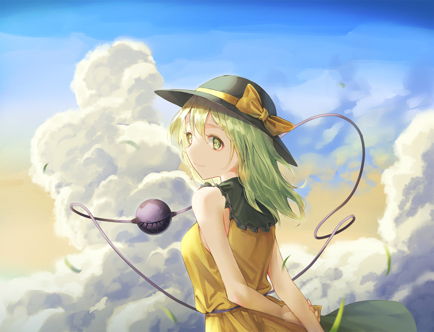 1girl adapted_costume arms_behind_back bangs black_headwear blue_sky bow breasts cha_chya clouds commentary day frilled_shirt_collar frills from_behind green_eyes green_hair green_skirt hair_between_eyes hat hat_bow komeiji_koishi long_hair looking_at_viewer looking_back medium_breasts outdoors shirt skirt sky sleeveless sleeveless_shirt smile solo third_eye touhou upper_body yellow_bow yellow_shirt