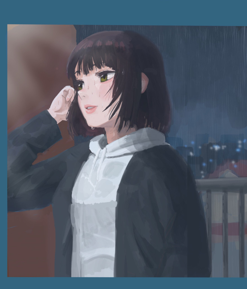 1girl brown_eyes brown_hair hand_up highres hood hood_down hoodie long_sleeves motivationmoti night original outdoors railing rain short_hair wet wet_hair white_hoodie