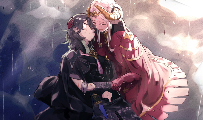2girls arm_guards byleth_(fire_emblem) byleth_eisner_(female) byleth_eisner_(female) cape closed_eyes crying edelgard_von_hresvelg fire_emblem fire_emblem:_three_houses fire_emblem:_three_houses fire_emblem_16 gloves hand_on_another's_head highres holding_hands horned_headwear intelligent_systems multiple_girls navel_cutout nintendo open_mouth rain red_cape red_gloves sad scar silver_hair smile suzume_(duzudu000) tiara