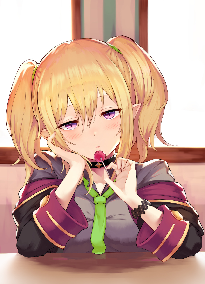 absurdres blonde_hair breasts candy character_request food green_neckwear highres holding holding_food jitome large_breasts lollipop necktie pointy_ears princess_connect! princess_connect!_re:dive two_side_up violet_eyes yamato_(muchuu_paradigm)