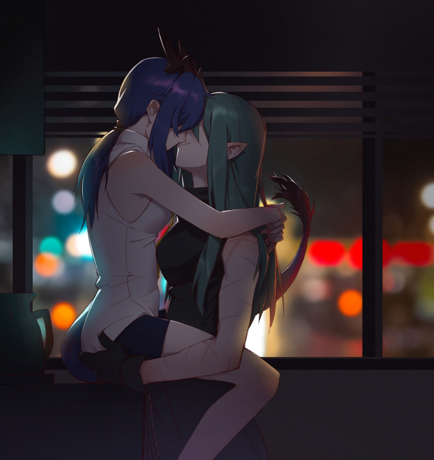 2girls absurdres arknights bangs bare_arms bare_legs bare_shoulders black_gloves black_shirt black_shorts blue_hair breasts ch'en_(arknights) commentary_request fainda feet_out_of_frame from_side gloves green_hair highres horns hoshiguma_(arknights) hug indoors long_hair low_ponytail medium_breasts multiple_girls night pointy_ears shirt short_shorts shorts sidelocks sleeveless sleeveless_shirt tail white_shirt yuri