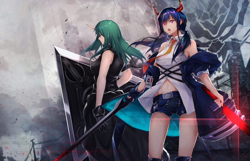 2girls arknights arm_ribbon arm_scarf bangs bare_shoulders black_gloves blue_hair blue_shorts ch'en_(arknights) clothes_around_waist commentary dragon_girl dragon_horns dual_wielding flugel_(kaleido_scope-710) gloves glowing glowing_sword glowing_weapon green_hair hair_between_eyes highres holding holding_shield horn horns hoshiguma_(arknights) id_card jacket_around_waist long_hair low-tied_long_hair low_twintails multicolored_neckwear multiple_girls multiple_swords navel neckwear off_shoulder oni_horn open_mouth outdoors red_eyes ribbon shield shirt short_shorts shorts single_glove sleeveless sleeveless_shirt telephone_pole thighs twintails weapon