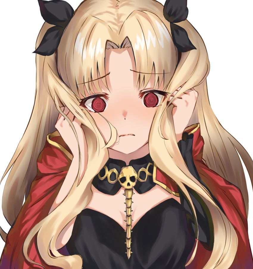 1girl bangs bao_(s_888) blonde_hair breasts cape commentary_request detached_collar ereshkigal_(fate/grand_order) eyebrows_visible_through_hair fate/grand_order fate_(series) frown hair_ribbon highres jewelry long_hair looking_at_viewer parted_bangs red_eyes ribbon simple_background skull solo two_side_up white_background