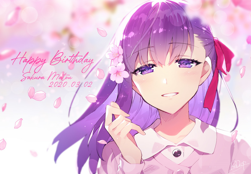 1girl artist_name bangs blush breasts character_name cherry_blossoms collared_shirt dated dress_shirt fate/stay_night fate_(series) flower hair_flower hair_ornament hair_ribbon happy_birthday highres large_breasts long_hair long_sleeves looking_at_viewer matou_sakura petals pink_shirt purple_hair red_ribbon redrop ribbon shirt smile solo violet_eyes white_shirt