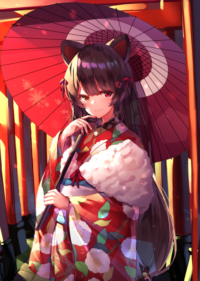 1girl animal_ears bangs blush bow brown_eyes brown_hair closed_mouth commentary_request dog_ears dog_hair_ornament eyebrows_behind_hair fang fang_out floral_print flower fur_trim hair_bow hair_flower hair_ornament heterochromia highres holding holding_umbrella inui_toko japanese_clothes kimono long_hair long_sleeves low-tied_long_hair nail_polish nijisanji obi oriental_umbrella print_kimono red_bow red_eyes red_flower red_kimono red_nails red_umbrella sash smile solo standing umbrella very_long_hair virtual_youtuber wide_sleeves yuuki_nao_(pixiv10696483)