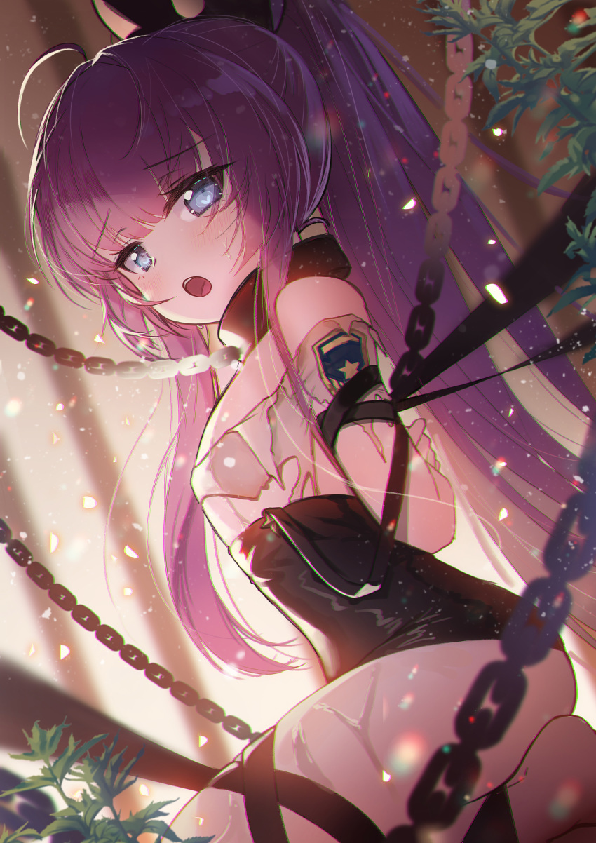 1girl :o absurdres ahoge apple_caramel arms_behind_back azur_lane bangs bare_shoulders bdsm black_bow black_skirt blue_eyes blush bondage bound bound_arms bow chain chained collar collared_shirt from_side hair_bow high-waist_skirt highres long_hair long_ponytail looking_at_viewer no_shoes open_mouth pantyhose ponytail purple_hair seiza shirt sidelocks sitting skirt solo suspender_skirt suspender_slip suspenders sweatdrop tashkent_(azur_lane) torn_clothes upper_teeth very_long_hair wet wet_clothes white_legwear white_shirt
