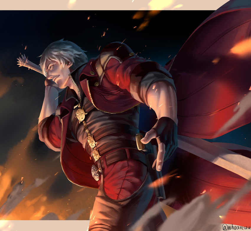 1boy arm_up artist_name belt black_gloves closed_mouth coat dante_(devil_may_cry) devil_may_cry_5 fingerless_gloves fire floating_clothes gloves gun high_collar highres holding holding_sword holding_weapon holster long_sleeves looking_to_the_side male_focus pants red_coat short_hair silver_hair sleeves_rolled_up solo sword walking weapon whoareuu zipper