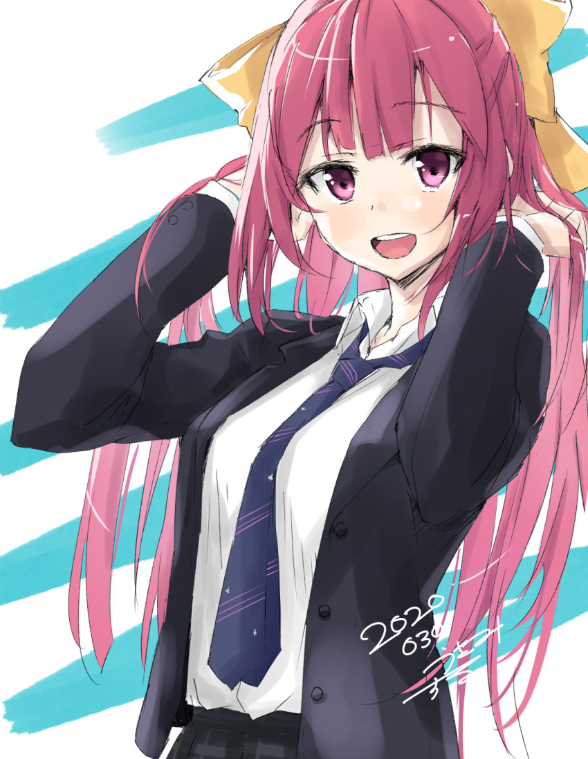 1girl alternate_costume bangs blazer blue_neckwear bow breasts collared_shirt dated eyebrows_visible_through_hair hair_bow hands_in_hair highres jacket kamikaze_(kantai_collection) kantai_collection long_hair long_sleeves necktie open_mouth pink_eyes pink_hair shirt signature simple_background skirt solo striped striped_neckwear upper_body usami_(50-point_caliper) white_shirt