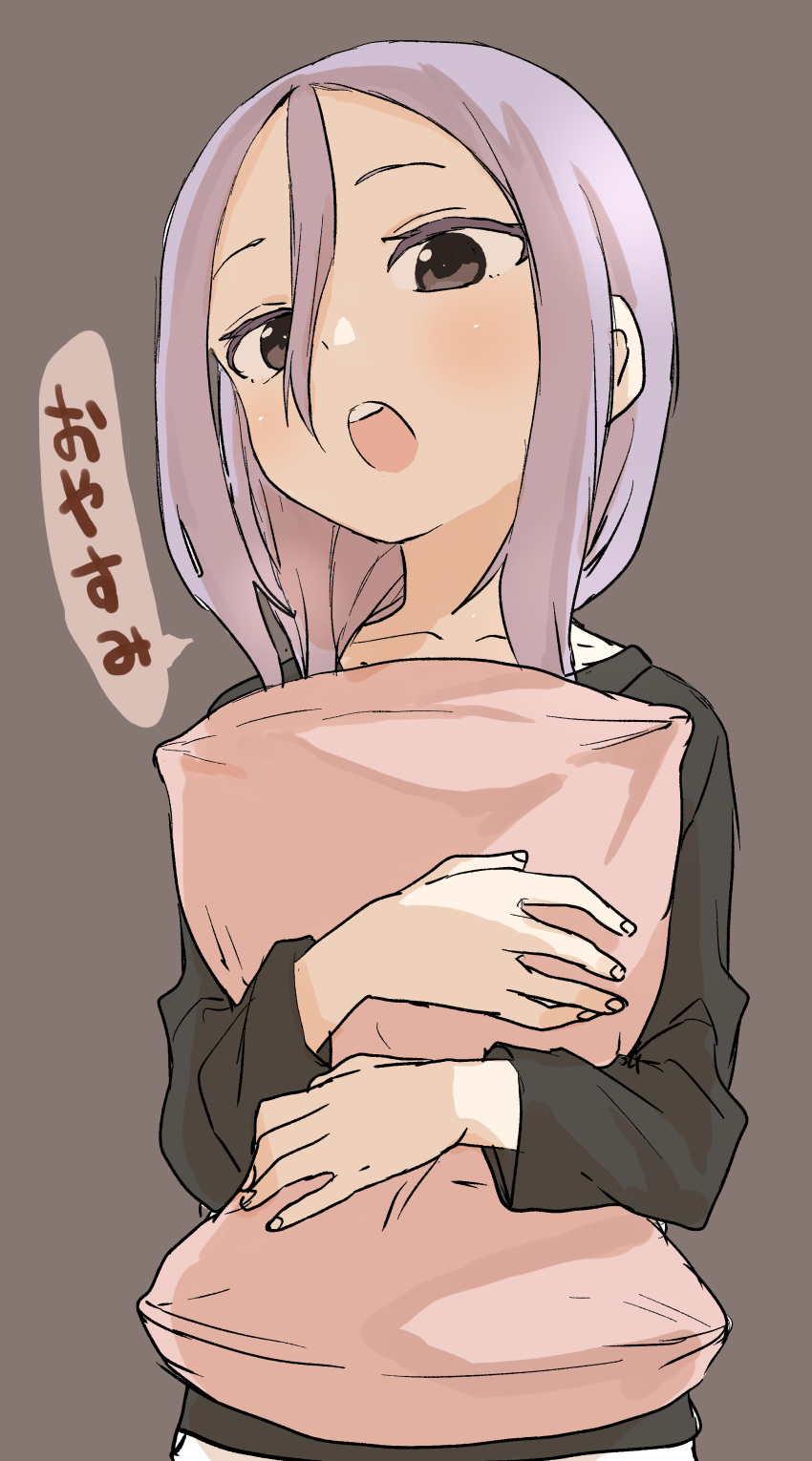 1girl absurdres bangs black_shirt brown_background brown_eyes commentary_request hair_between_eyes hair_over_shoulder highres long_hair long_sleeves looking_at_viewer open_mouth parted_bangs pillow pillow_hug purple_hair shirt shougi_no_yatsu simple_background solo translation_request upper_teeth yamamoto_souichirou yaotome_urushi