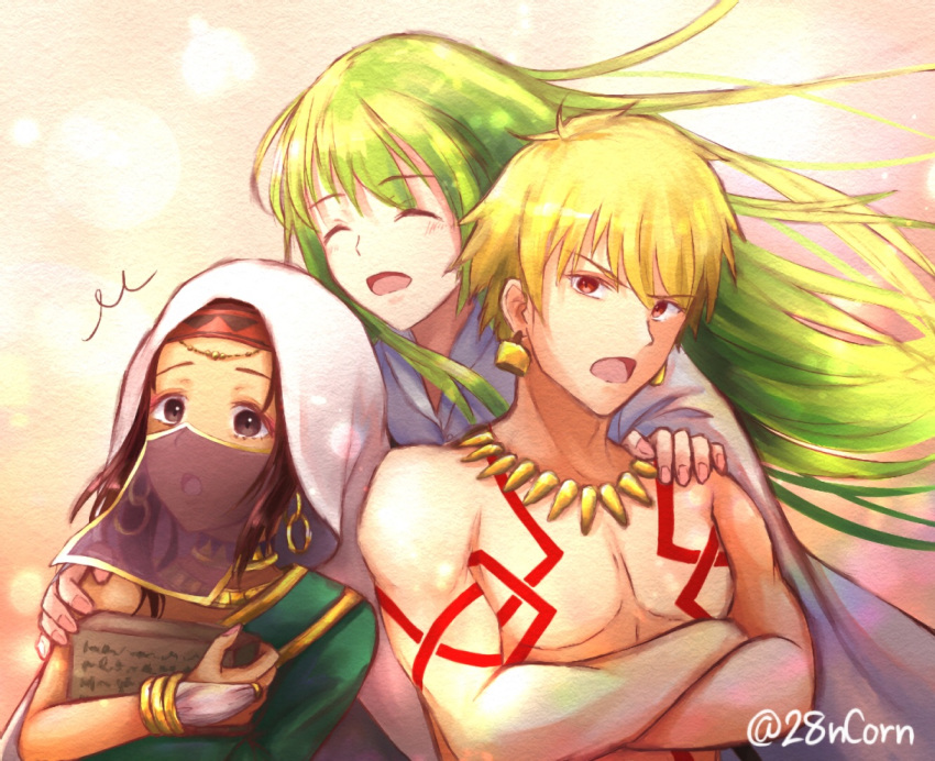 1girl 2boys :o blonde_hair bridal_gauntlets brown_eyes brown_hair closed_eyes commentary_request crossed_arms dress earrings enkidu_(fate/strange_fake) fate/grand_order fate_(series) gilgamesh green_dress green_hair hand_on_another's_shoulder headband hug hug_from_behind jewelry long_hair multiple_boys necklace nyaa_kitsune red_eyes red_headband short_hair siduri_(fate/grand_order) single_bare_shoulder stone_tablet tattoo twitter_username veil white_hood