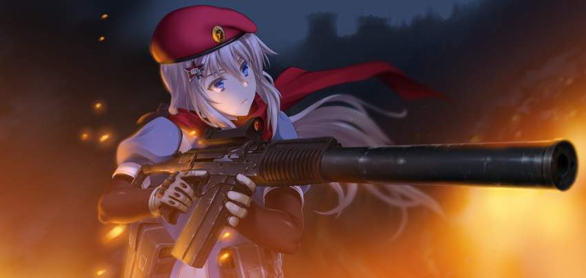1girl 9a-91_(girls_frontline) ammunition_pouch assault_rifle beret blue_dress blue_eyes brown_gloves byeontae_jagga commentary dress elbow_gloves girls_frontline gloves gun hair_ornament hat highres holding holding_weapon pouch puffy_sleeves red_headwear rifle scarf silver_hair star star_hair_ornament suppressor trigger_discipline weapon