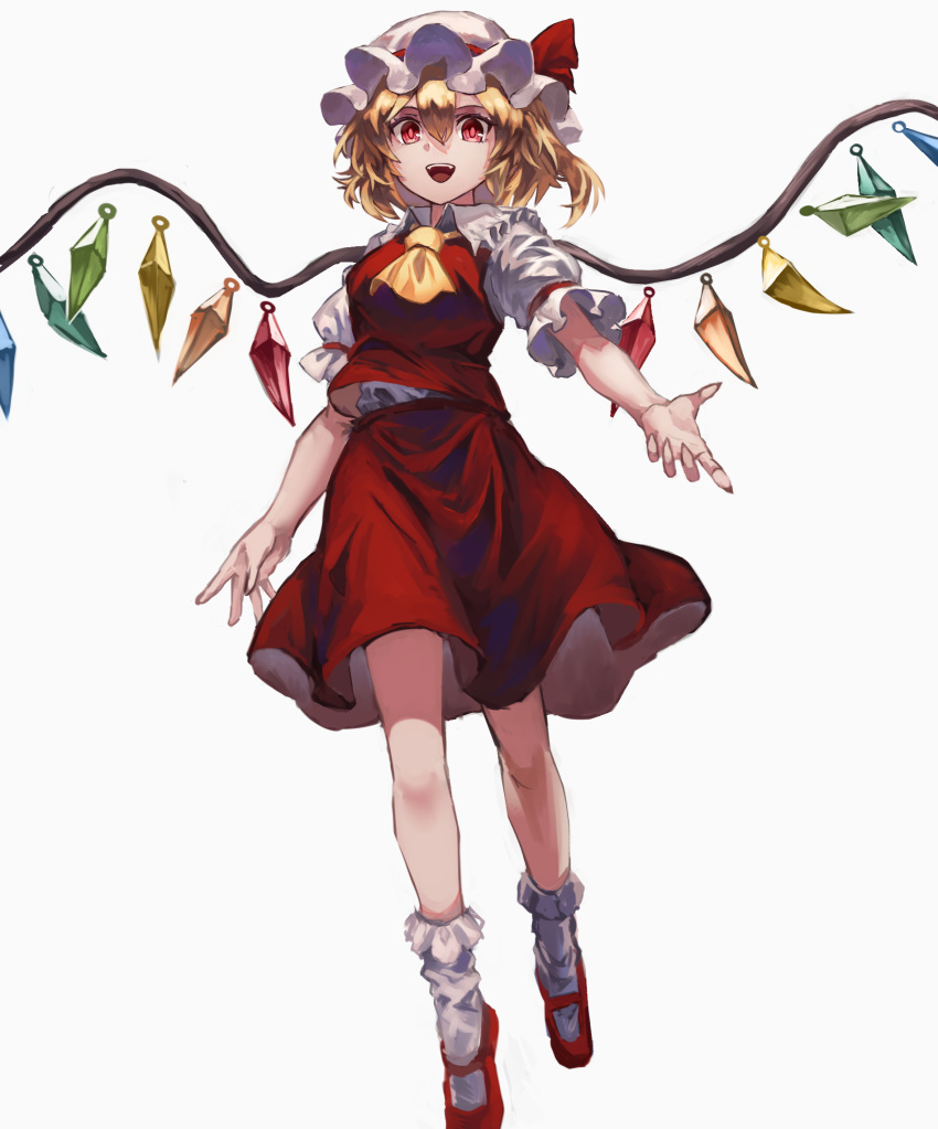 1girl blonde_hair commentary_request crystal fingernails flandre_scarlet full_body hat hat_ribbon highres long_fingernails looking_at_viewer mary_janes medium_hair mob_cap open_mouth outstretched_arm red_eyes red_footwear red_ribbon red_skirt red_vest ribbon sharp_fingernails shirt shoes short_sleeves side_ponytail simple_background skirt smile socks solo touhou vest white_background white_headwear white_legwear white_shirt wings yanyan_(shinken_gomi) yellow_neckwear