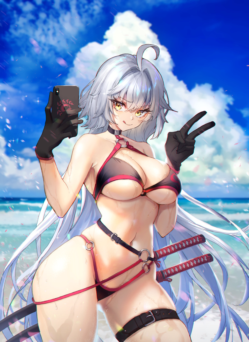 1girl absurdres ahoge bangs bare_shoulders beach belt bikini black_bikini black_choker black_gloves blue_sky blush breasts cellphone choker fate/grand_order fate_(series) gloves hair_between_eyes highres jeanne_d'arc_(alter_swimsuit_berserker) jeanne_d'arc_(fate)_(all) katana licking_lips long_hair looking_at_viewer multiple_swords navel o-ring ocean phone revision silver_hair sky solo swimsuit sword tanol thigh_strap thighs tongue tongue_out v very_long_hair weapon wet yellow_eyes