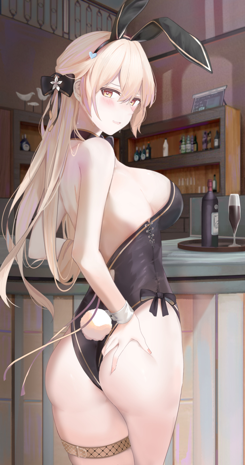 1girl animal_ears ass backless_leotard bare_back bare_shoulders black_leotard blonde_hair blurry bottle bow breasts bunny_tail bunnysuit champagne_flute choker commentary_request cowboy_shot cup depth_of_field drinking_glass fake_animal_ears fake_tail from_side girls_frontline hair_bow hairband hand_on_own_ass highres large_breasts leg_belt leotard long_hair looking_at_viewer looking_back open_mouth ots-14_(girls_frontline) rabbit_ears ru_zhai shelf solo sweat tail thigh-highs waitress wine_bottle wrist_cuffs yellow_eyes