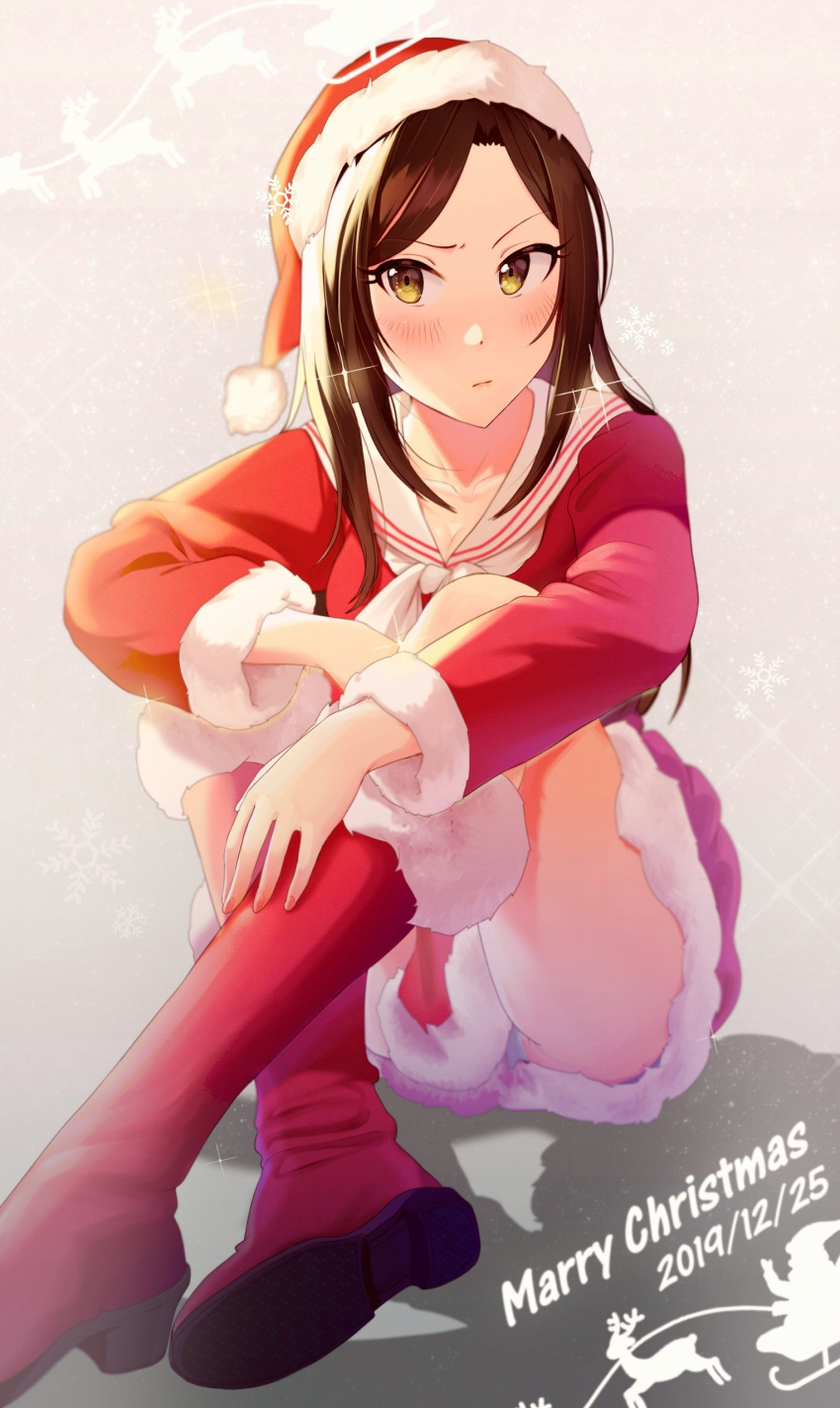 1girl absurdres bangs black_hair blush boots breasts closed_mouth collarbone dated dress fur-trimmed_boots fur-trimmed_dress fur-trimmed_headwear fur_trim gradient gradient_background green_eyes hat highres idolmaster idolmaster_cinderella_girls knee_boots knees_up large_breasts long_hair looking_at_viewer merry_christmas mukai_takumi parted_bangs red_dress red_footwear red_headwear sailor_collar santa_costume santa_hat shangziyxy sitting solo sparkle thighs