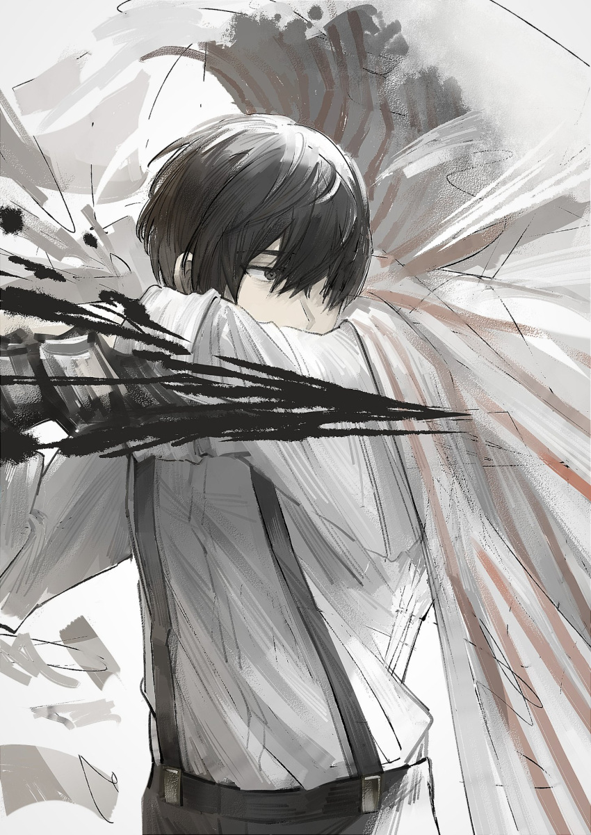 1boy black_eyes black_hair black_pants coat dagger e.g.o_(project_moon) highres holding holding_dagger holding_knife holding_weapon ink knife limbus_company long_sleeves pants project_moon s661479361148 shirt solo striped striped_coat suspenders weapon white_shirt yi_sang_(project_moon)