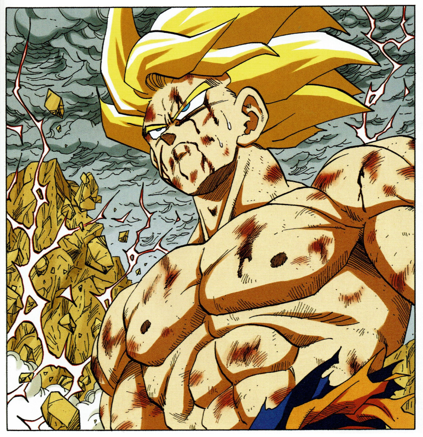 1boy abs arms_at_sides blonde_hair blood blood_from_mouth blood_on_face blue_eyes border close-up closed_mouth clouds cloudy_sky dark_sky destruction dirty dirty_clothes dirty_face dragon_ball dragon_ball_z dust dutch_angle electricity floating_hair frown highres looking_away male_focus mountain muscle nipples official_art outdoors pectorals rock scratches serious shirt sky son_gokuu spiky_hair super_saiyan sweatdrop toriyama_akira torn_clothes torn_shirt upper_body white_border