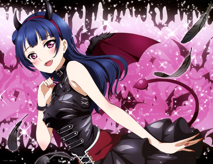 1girl absurdres bat dark_blue_hair demon_horns demon_tail feathers hair_bun highres horns looking_at_viewer love_live! love_live!_sunshine!! nail_polish official_art open_mouth pink_background shiny sparkle tail tsushima_yoshiko violet_eyes