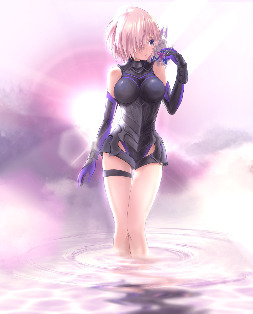 1girl absurdres armor armored_dress bangs bare_shoulders breasts commentary_request detached_sleeves fate/grand_order fate_(series) fou_(fate/grand_order) gloves hair_over_one_eye highres kirin_13 large_breasts lavender_hair mash_kyrielight on_shoulder short_hair solo violet_eyes