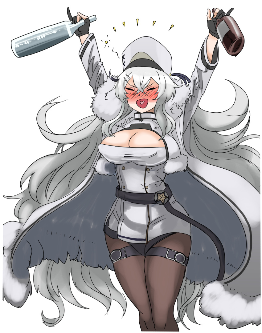 1girl :d arms_up azur_lane black_gloves blush bottle breasts brown_legwear cleavage_cutout closed_eyes commentary_request cowboy_shot drunk gangut_(azur_lane) gloves hat hey_taishou highres holding holding_bottle large_breasts long_hair long_sleeves nose_blush open_mouth pantyhose partly_fingerless_gloves silver_hair simple_background smile solo very_long_hair white_background