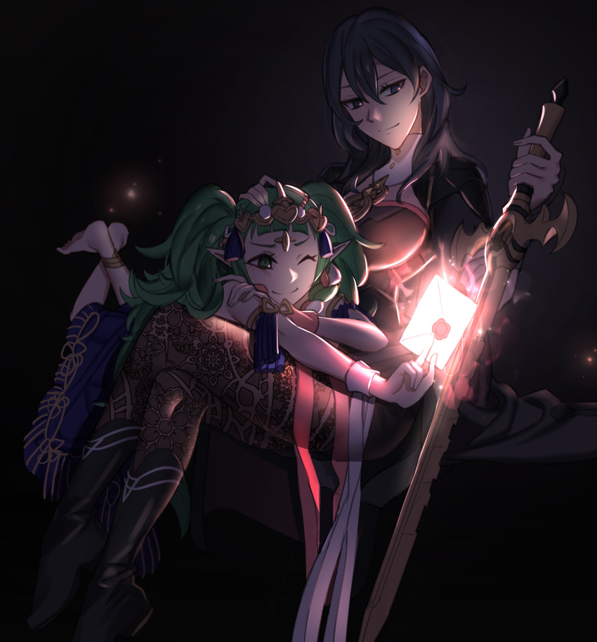 2girls absurdres barefoot blue_eyes blue_hair braid byleth_(fire_emblem) byleth_eisner_(female) closed_mouth ebinku envelope fire_emblem fire_emblem:_three_houses green_eyes green_hair hair_ornament highres holding holding_sword holding_weapon long_hair lying multiple_girls on_stomach one_eye_closed pantyhose pointy_ears ribbon_braid smile sothis_(fire_emblem) super_smash_bros. sword tiara twin_braids weapon