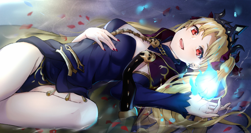 1girl artist_request asymmetrical_sleeves bangs between_breasts black_leotard blonde_hair blue_fire blush bow breasts cape detached_collar earrings ereshkigal_(fate/grand_order) fate/grand_order fate_(series) fire gold_trim hair_bow highleg highleg_leotard highres hoop_earrings infinity jewelry leotard long_hair long_sleeves looking_at_viewer lying medium_breasts multicolored multicolored_cape multicolored_clothes necklace on_back open_mouth parted_bangs petals red_bow red_cape red_eyes single_sleeve skull smile solo spine thighs tiara two_side_up water yellow_cape
