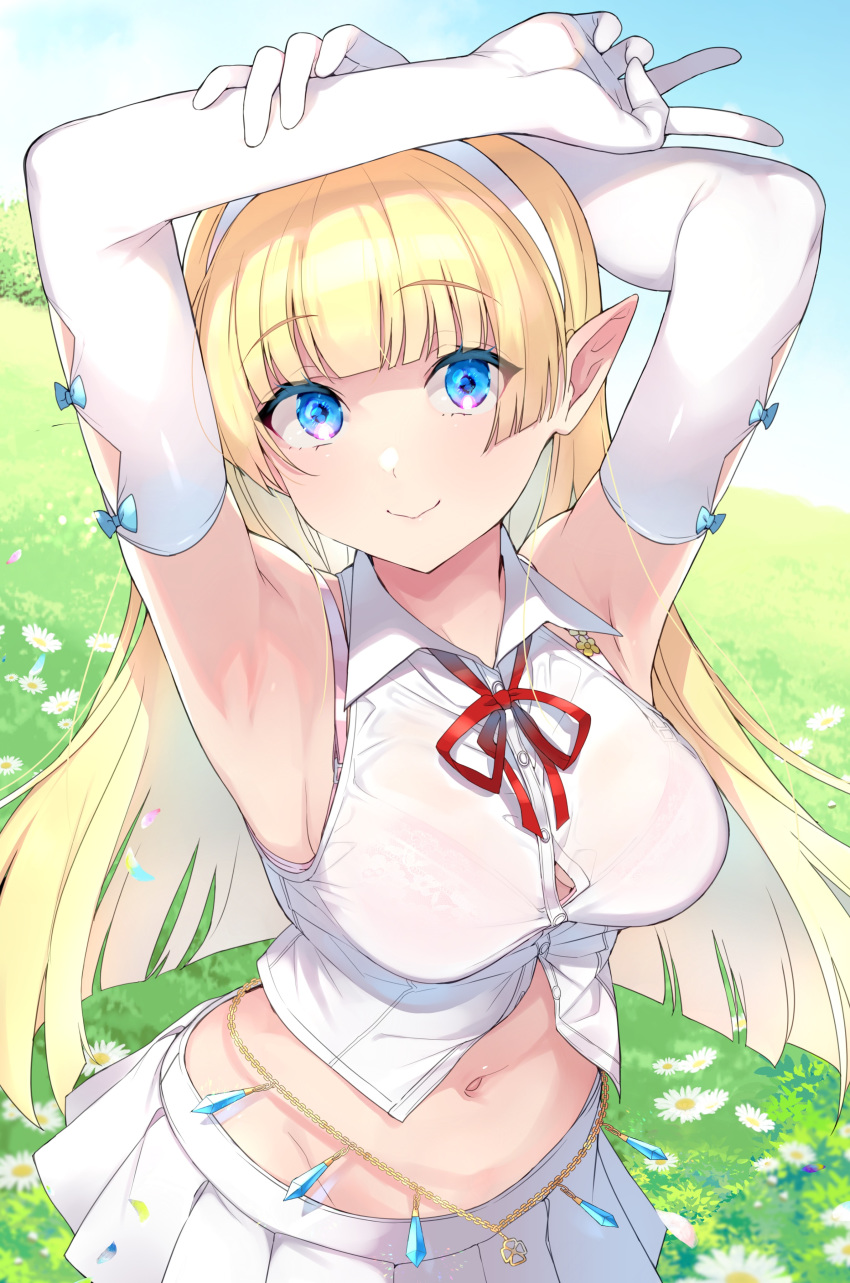 1girl absurdres armpits arms_up bare_shoulders blonde_hair blue_eyes bra bra_strap bra_through_clothes breasts button_gap collared_shirt crop_top dress_shirt elbow_gloves elf elf_no_radral flower gloves groin hairband highres inari_(inariya) large_breasts long_hair looking_at_viewer midriff miniskirt navel neck_ribbon original partially_unbuttoned pink_bra pleated_skirt pointy_ears ribbon see-through shirt skirt sleeveless sleeveless_shirt smile solo stomach underwear upper_body v white_flower white_gloves white_shirt white_skirt