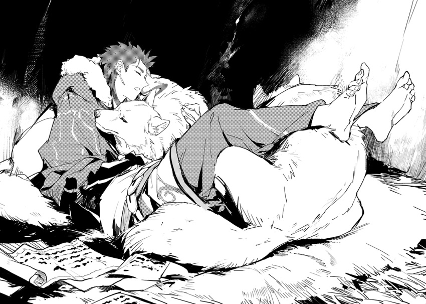 1boy barefoot capelet cave cu_chulainn_(fate)_(all) cu_chulainn_(fate/grand_order) earrings fate/grand_order fate_(series) fur-trimmed_capelet fur_trim greyscale guttia halftone jewelry long_hair male_focus monochrome skirt sleeping wolf