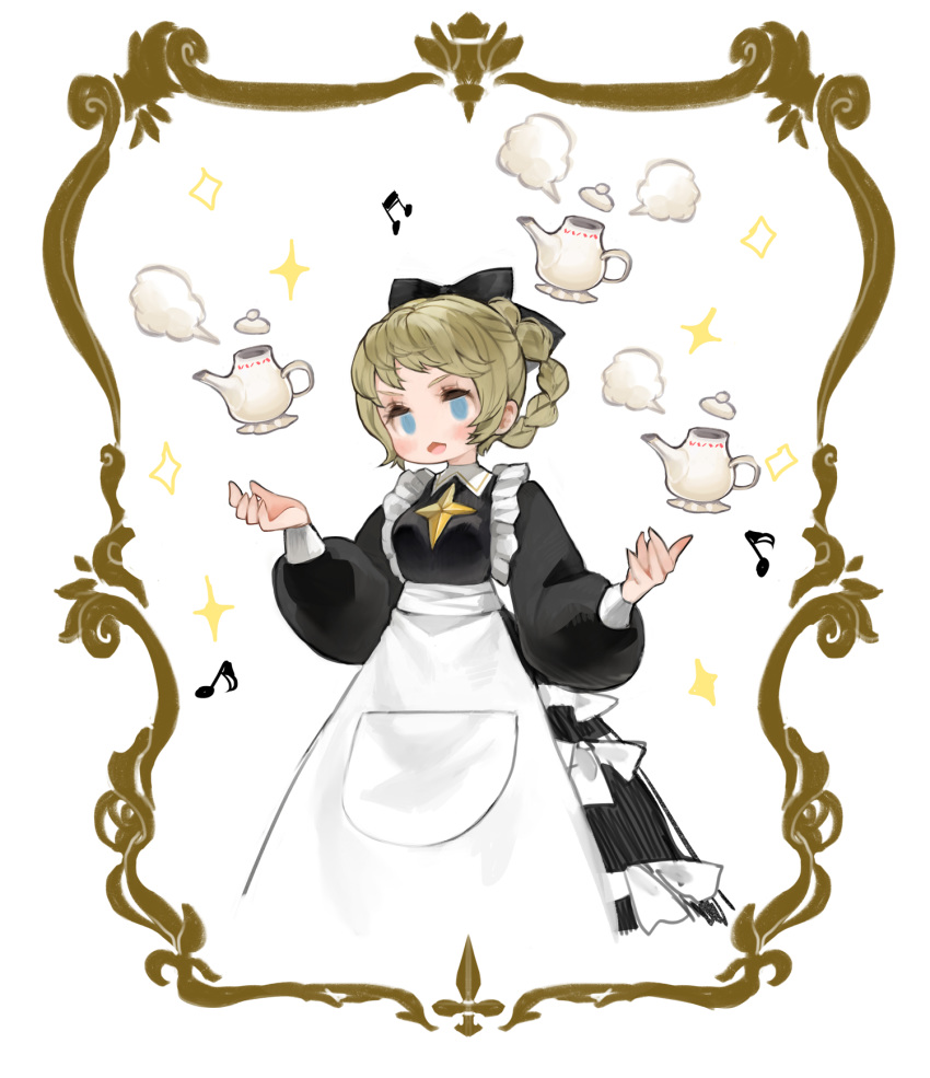 1girl afk_arena apron beamed_eighth_notes black_bow black_dress blonde_hair blue_eyes bow braid dress eighth_note hair_bow highres kkaebing long_sleeves maid maid_apron maid_dress musical_note no_nose no_pupils open_mouth rosaline_(afk_arena) solo sparkle teapot white_apron