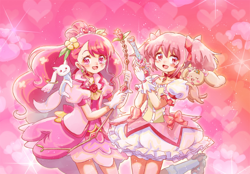2girls :3 :d bow bow_(weapon) bubble_skirt choker color_connection crossover cure_grace earrings flower gloves hair_bun hair_color_connection hair_flower hair_ornament hair_ribbon hanadera_nodoka healin'_good_precure heart heart_hair_ornament jewelry kaname_madoka kneehighs kyubey long_hair looking_at_viewer magical_girl mahou_shoujo_madoka_magica multiple_girls open_mouth pink_eyes pink_hair pink_neckwear power_connection precure puffy_sleeves ribbon seiyuu_connection short_twintails skirt smile sushineta trait_connection twintails weapon white_gloves white_legwear yuuki_aoi