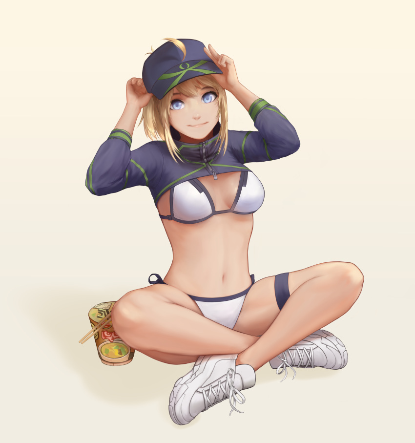 1girl absurdres ahoge artoria_pendragon_(all) baseball_cap bikini blonde_hair blue_eyes breasts fate/grand_order fate_(series) full_body hair_through_headwear hat highres indian_style long_hair looking_at_viewer medium_breasts mysterious_heroine_xx_(foreigner) navel sebyxtan shoes sitting smile sneakers solo swimsuit thigh_strap white_bikini white_footwear