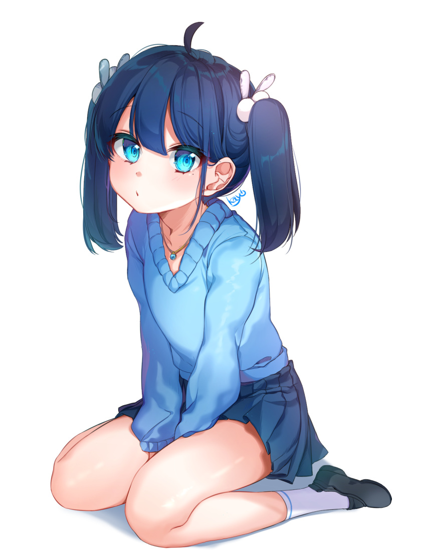 1girl ahoge bangs between_legs black_footwear blue_eyes blue_hair blue_skirt blue_sweater blush bunny_hair_ornament closed_mouth commentary_request eyebrows_visible_through_hair full_body hair_between_eyes hair_ornament hand_between_legs highres jewelry kayo_(skc08049) loafers long_sleeves mole mole_under_eye original pendant pleated_skirt shadow shoes signature sitting skirt socks solo sweater twintails wariza white_background white_legwear