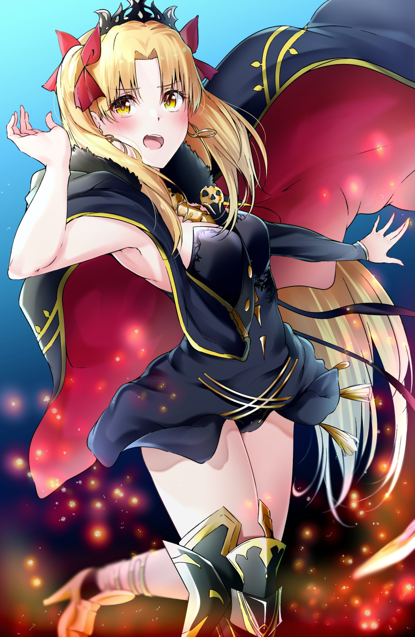 absurdres armpits asymmetrical_sleeves bangs blonde_hair blush bow cape earrings ereshkigal_(fate/grand_order) fate/grand_order fate_(series) gold_trim hair_bow highres hoop_earrings jewelry long_hair multicolored multicolored_cape multicolored_clothes open_mouth parted_bangs red_cape single_sleeve tiara two_side_up yellow_eyes yuu-kun_(linke_hand)