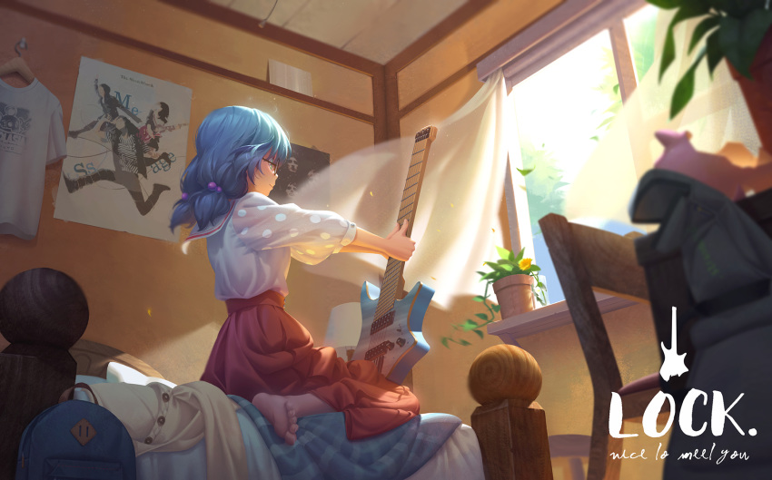 1girl asahi_rokka backpack backpack_removed bag bang_dream! barefoot bed bedroom blue_hair bohemian_rhapsody character_name clothes_hanger curtains day electric_guitar english_commentary english_text flower glasses guitar hair_bobbles hair_ornament highres holding holding_instrument indoors instrument lamp leaves_in_wind long_hair low_twintails on_bed plant polka_dot_sleeves poster_(object) potted_plant queen_(band) red_skirt regition shirt sitting sitting_on_bed skirt smile solo strandberg_guitars t-shirt twintails white_shirt yellow_flower