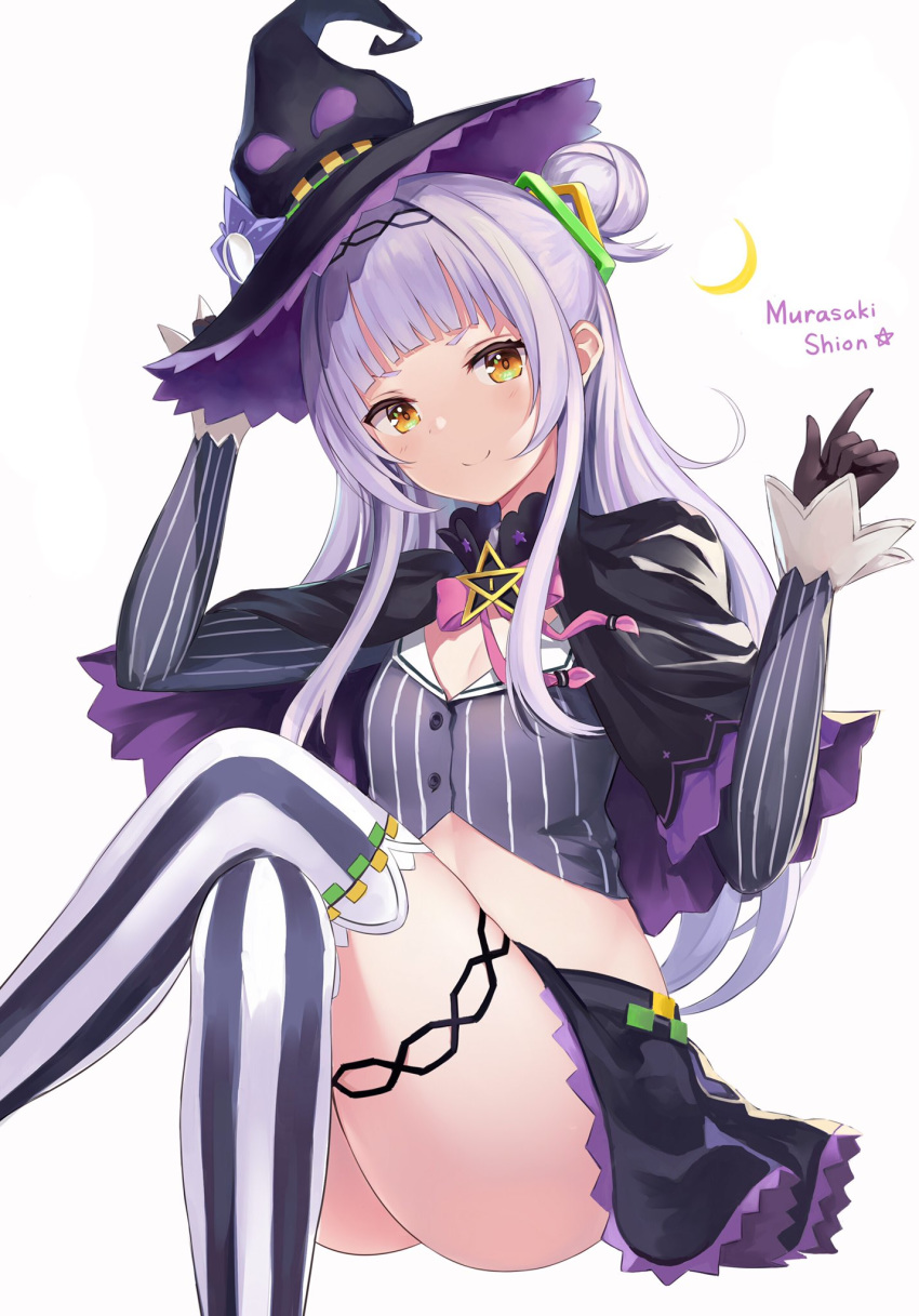 1girl bangs black_gloves blunt_bangs buttons character_name closed_mouth gloves hair_bun hair_ornament hat headband highres hololive lavender_hair long_hair midriff murasaki_shion nagiha_kuten parted_lips smile solo striped striped_legwear thigh-highs vertical-striped_legwear vertical_stripes virtual_youtuber white_background witch_hat yellow_eyes