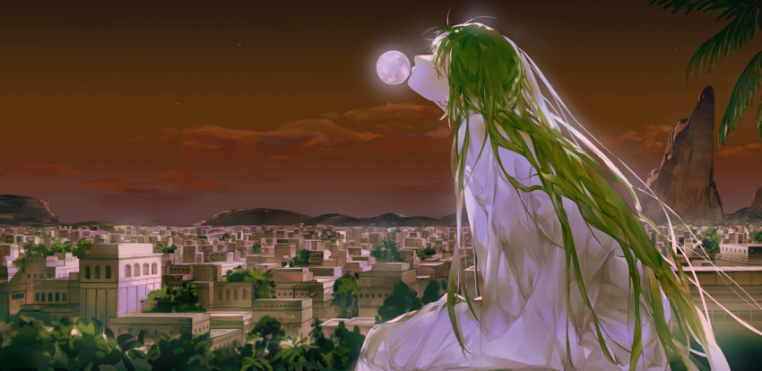 1boy building closed_eyes closed_mouth clouds cloudy_sky fate_(series) green_hair long_hair male_focus moon mountain outdoors palm_tree sitting sky solo star_(sky) starstruckdon tree