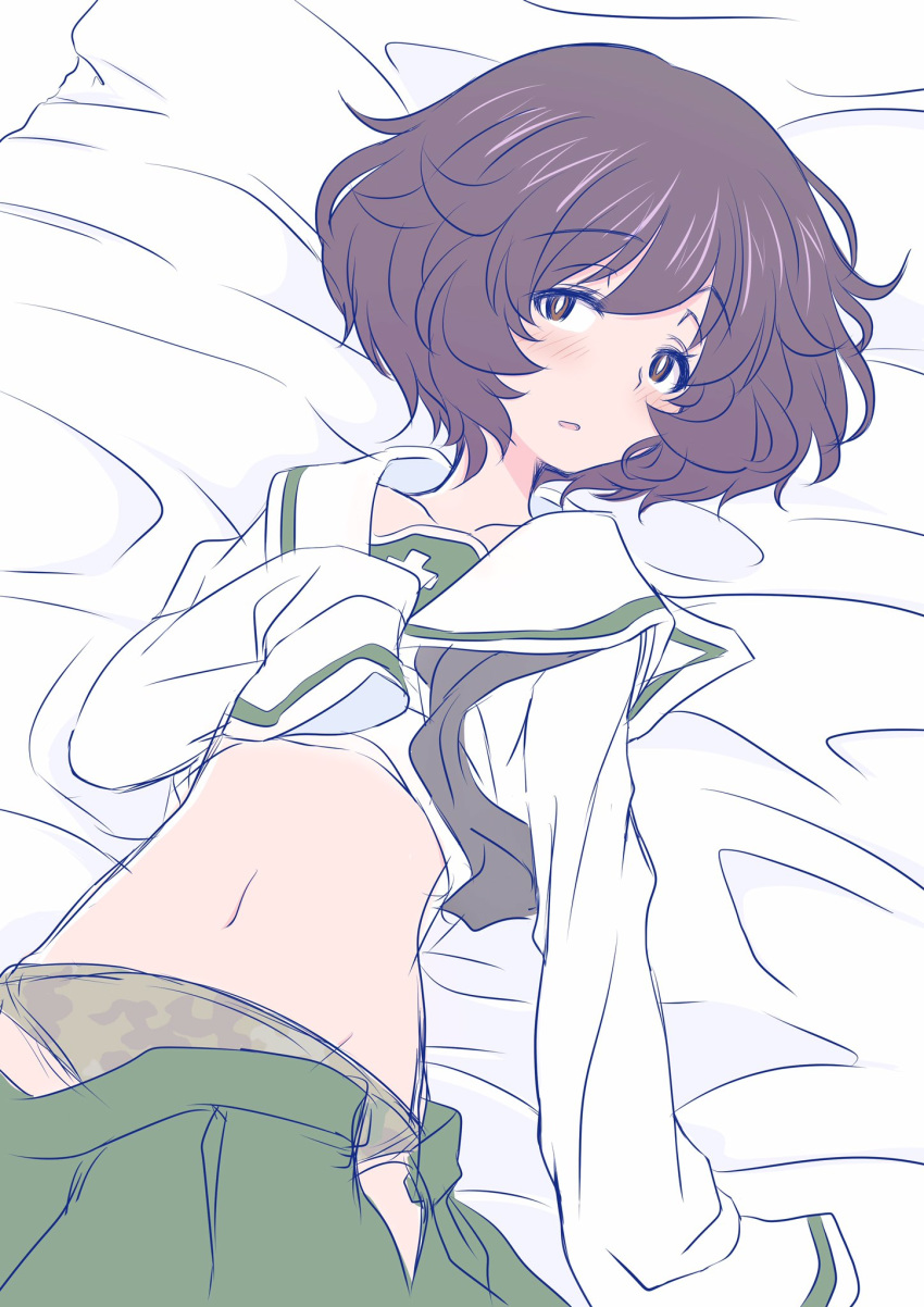 1girl akiyama_yukari bangs bed black_neckwear blouse blush brown_eyes brown_hair camouflage camouflage_panties commentary eyebrows_visible_through_hair girls_und_panzer green_panties green_skirt hadzuki_haru half-closed_eyes highres long_sleeves looking_at_viewer lying messy_hair miniskirt navel neckerchief on_back on_bed ooarai_school_uniform open_clothes open_mouth open_skirt panties pleated_skirt school_uniform serafuku short_hair skirt skirt_pull sleeves_past_fingers sleeves_past_wrists solo underwear undone_neckerchief white_blouse