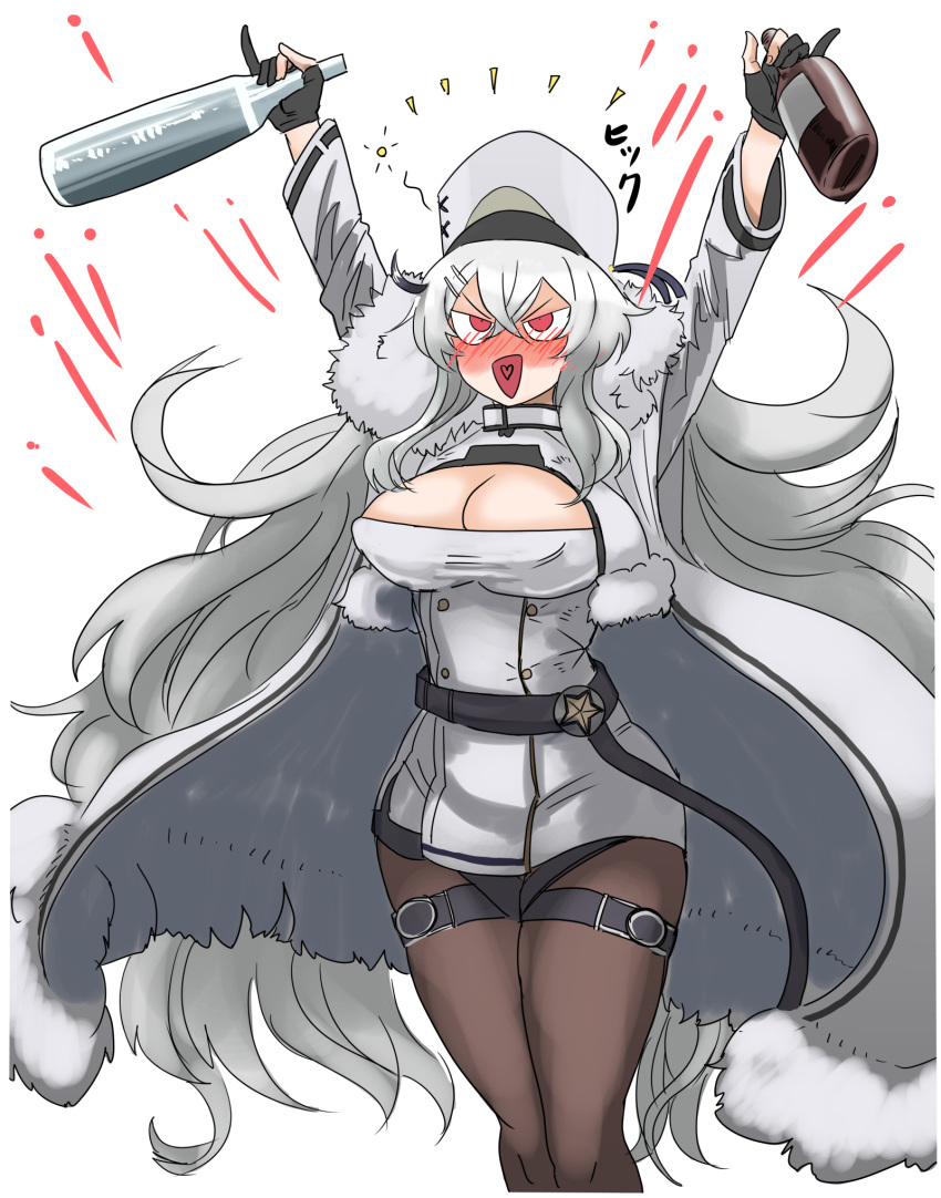 1girl :d arms_up azur_lane black_gloves blush bottle breasts brown_legwear cleavage_cutout commentary_request cowboy_shot drunk gangut_(azur_lane) gloves hat hey_taishou highres holding holding_bottle large_breasts long_hair long_sleeves nose_blush open_mouth pantyhose partly_fingerless_gloves red_eyes silver_hair simple_background smile solo very_long_hair white_background