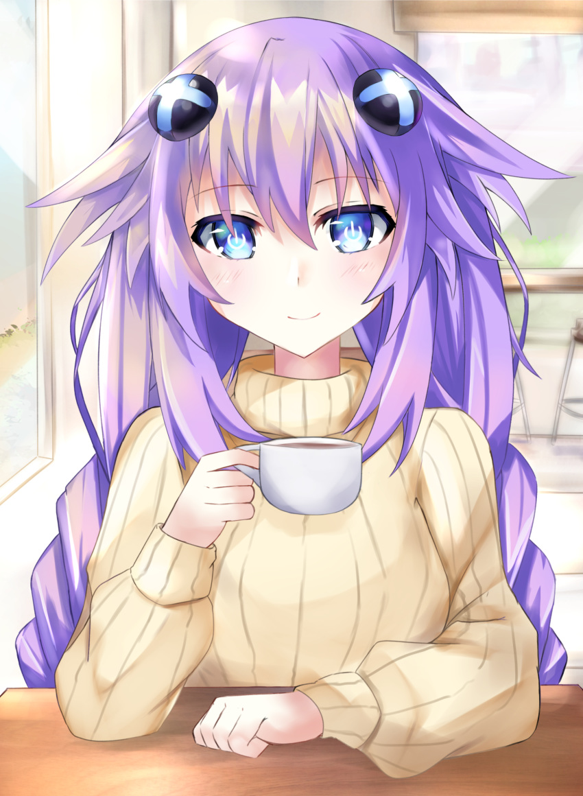 1girl alternate_costume arm_rest bimmy blue_eyes blush braid cup d-pad d-pad_hair_ornament english_commentary eyebrows_visible_through_hair hair_between_eyes hair_flaps hair_ornament highres holding holding_cup indoors looking_at_viewer neptune_(series) power_symbol purple_hair purple_heart sitting smile solo sweater symbol-shaped_pupils table turtleneck turtleneck_sweater twin_braids window