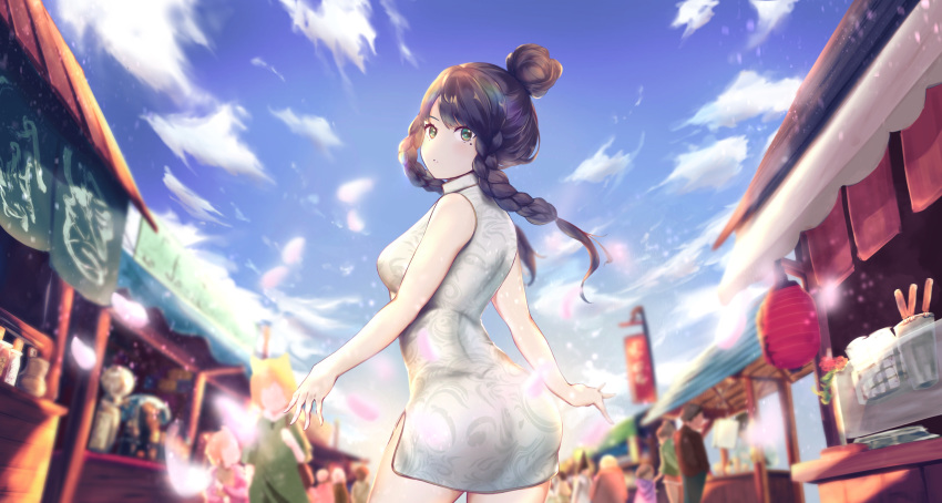 1girl absurdres ass black_eyes braid breasts cherry_blossoms china_dress chinese_clothes dress english_commentary from_behind hair_bun highres long_hair looking_at_viewer medium_breasts mole mole_under_eye original sleeveless sleeveless_dress solo t.k.c traditional_clothes white_dress