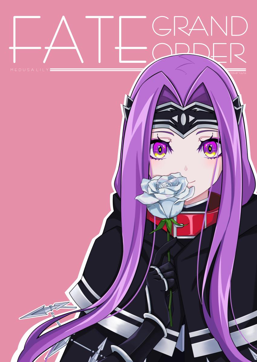 1girl absurdres bangs black_cloak black_gloves brown_background character_name cloak closed_mouth commentary_request copyright_request fate/grand_order fate_(series) flower gloves grey_flower grey_rose hand_up headpiece highres holding holding_flower hood hood_down hooded_cloak long_hair looking_at_viewer medusa_(lancer)_(fate) outline parted_bangs purple_hair rose sidelocks smile solo very_long_hair violet_eyes white_outline yuuta_(yuuta0312)