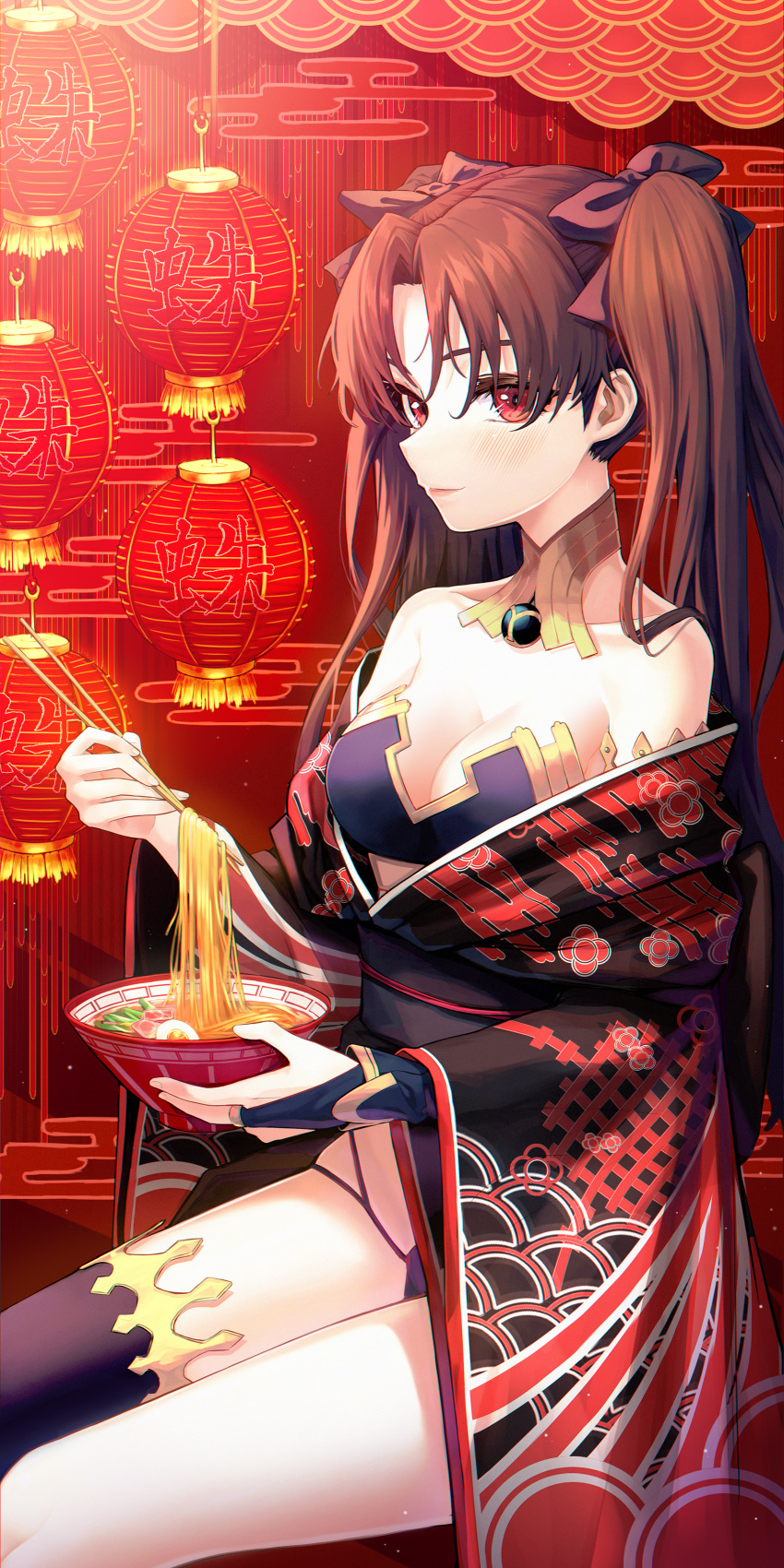 1girl absurdres bangs bare_shoulders blush breasts brown_hair chopsticks collarbone commentary_request egg fate/grand_order fate_(series) food hair_ribbon highres holding holding_chopsticks huge_filesize huskk ishtar_(fate)_(all) ishtar_(fate/grand_order) japanese_clothes jewelry kimono long_hair long_sleeves looking_at_viewer medium_breasts noodles parted_bangs ramen red_eyes red_kimono ribbon single_thighhigh sitting smile solo thigh-highs two_side_up wide_sleeves