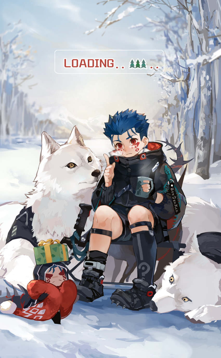 2boys asymmetrical_legwear bare_tree blue_hair cu_chulainn_(fate)_(all) cu_chulainn_alter_(fate/grand_order) dual_persona facial_mark fate/grand_order fate_(series) forest gift guttia highres hood hooded_jacket jacket long_hair male_focus mini_cu-chan multiple_boys nature pointing ponytail red_eyes sitting sock_garters socks tail tree white_wolf winter wolf younger