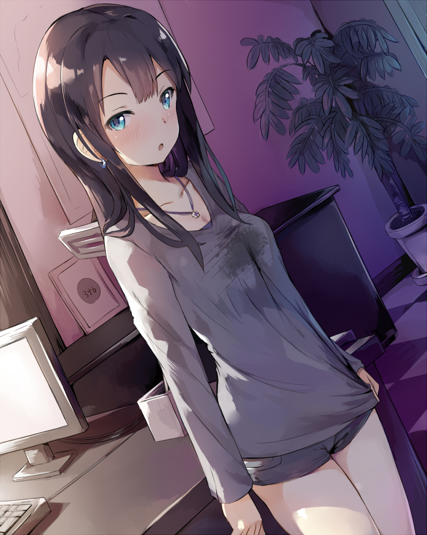 1girl :o black_hair black_shorts blue_eyes blush breasts checkered checkered_floor collarbone desk dutch_angle earrings grey_shirt highres idolmaster idolmaster_cinderella_girls indoors jewelry keyboard_(computer) long_hair looking_at_viewer monitor parted_lips plant potted_plant seneto shibuya_rin shirt short_shorts shorts small_breasts solo standing