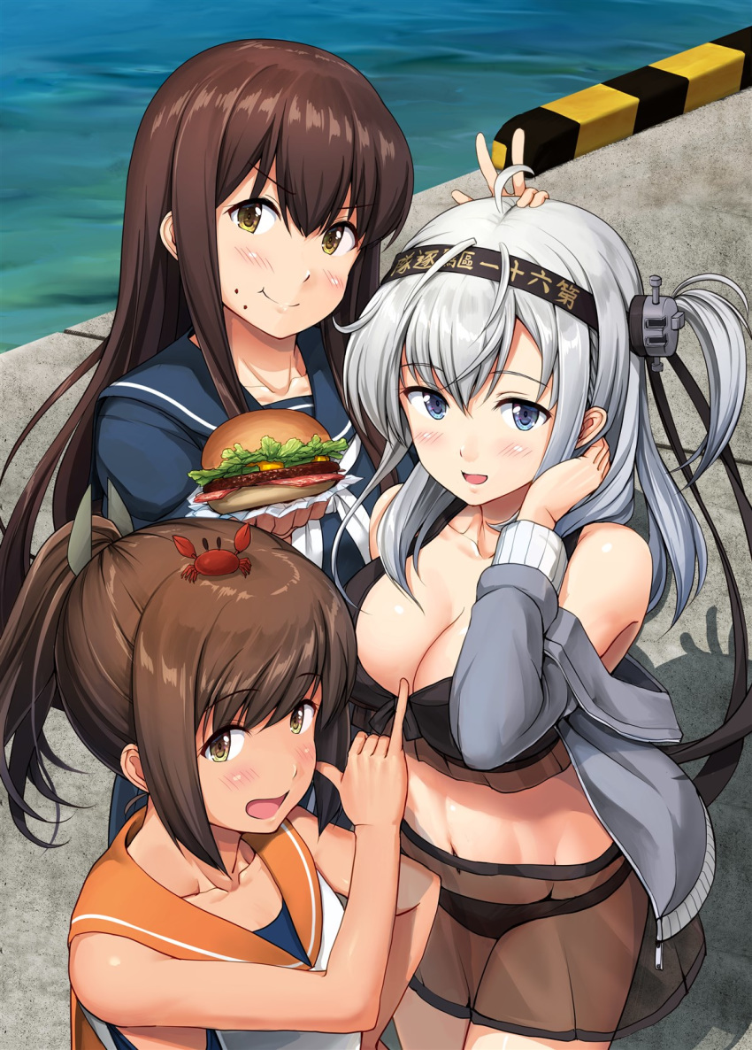 &gt;:) 3girls :d akagi_(kantai_collection) animal bikini black_bikini black_headband blue_eyes blue_sailor_collar blush breasts brown_hair clothes_writing collarbone commentary_request crab eating eyebrows_visible_through_hair food food_on_face grey_jacket groin hachimaki hair_between_eyes hamburger headband highres holding holding_food i-401_(kantai_collection) ichikawa_feesu jacket kantai_collection large_breasts long_hair long_sleeves multiple_girls navel neckerchief ocean one_side_up open_mouth orange_sailor_collar ponytail sailor_collar sailor_shirt school_uniform serafuku shirt short_hair silver_hair sleeveless sleeveless_shirt smile suzutsuki_(kantai_collection) swimsuit swimsuit_under_clothes v-shaped_eyebrows white_neckwear zipper zipper_pull_tab