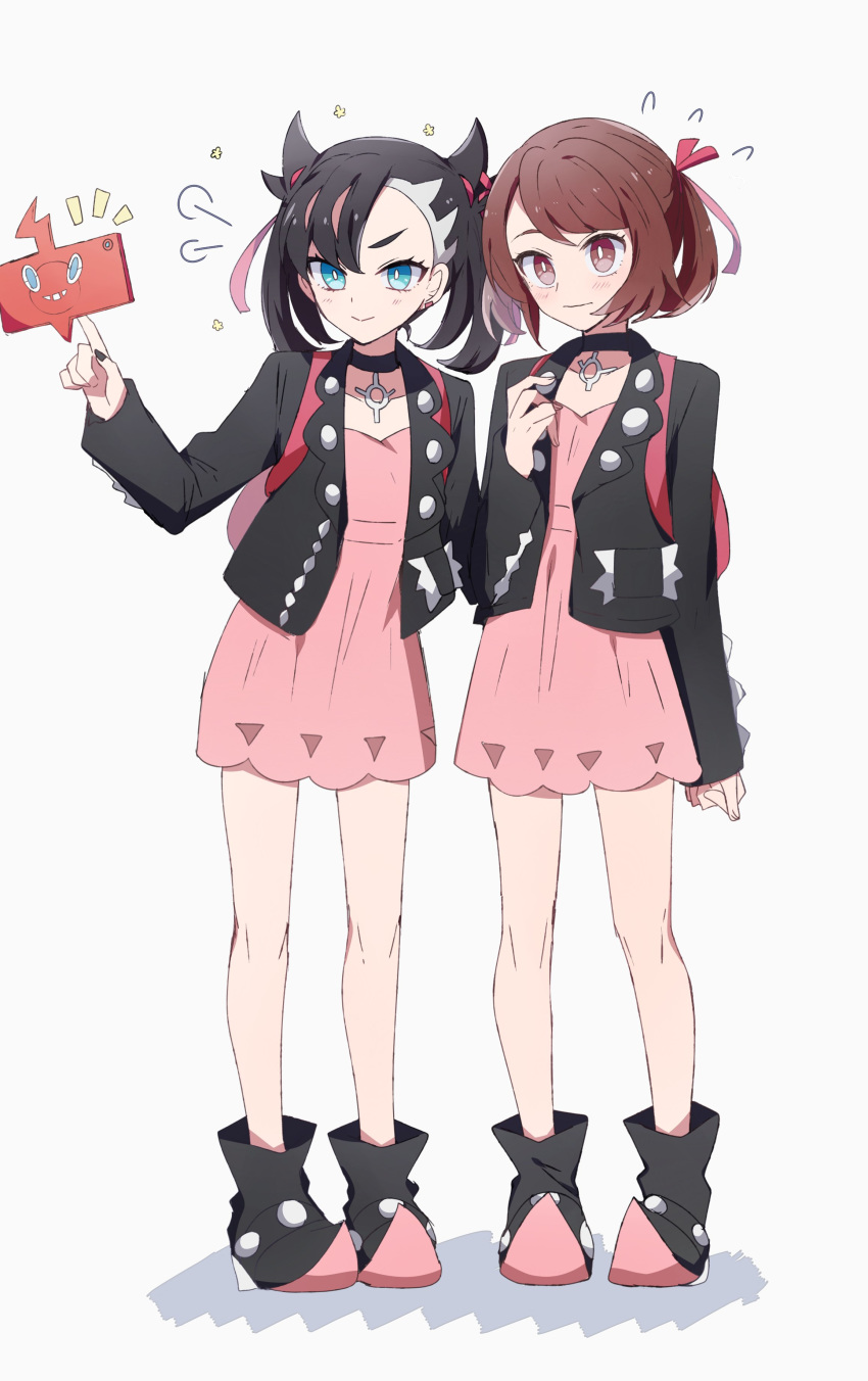 2girls =3 absurdres aqua_eyes asymmetrical_bangs asymmetrical_hair backpack bag bangs black_choker black_footwear black_hair black_jacket black_nails blush bright_pupils brown_eyes brown_hair choker closed_mouth commentary cosplay dress earrings flying_sweatdrops hair_ribbon highres jacket jewelry light_frown long_sleeves mary_(pokemon) mary_(pokemon)_(cosplay) matching_outfit medium_hair multiple_girls nanashiba_(banntlla) no_legwear notice_lines open_clothes open_jacket pendant pink_dress pointy_shoes pokedex pokemon pokemon_(game) pokemon_swsh red_ribbon ribbon shoes short_dress short_hair side-by-side smile standing swept_bangs twintails undercut white_pupils yuuri_(pokemon)