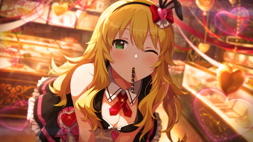 blonde_hair blush dress green_eyes hoshii_miki idolmaster_million_live!_theater_days long_hair wink