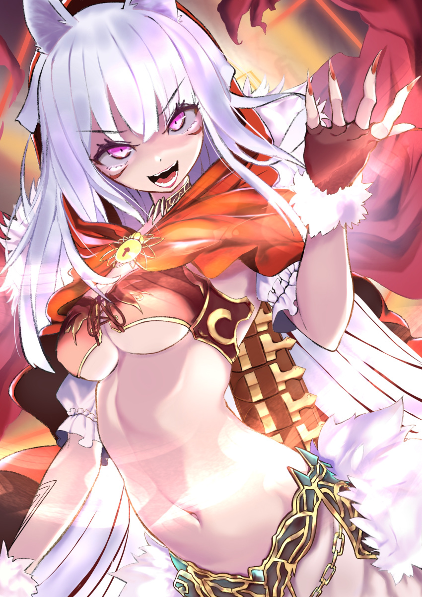 1girl 666 absurdres animal_ears breasts eyebrows_visible_through_hair fingerless_gloves fur-trimmed_gloves fur_trim gloves highres kureha_(sound_voltex) long_hair looking_at_viewer medium_breasts midriff navel silver_hair solo sound_voltex t.k.c under_boob violet_eyes wolf_ears